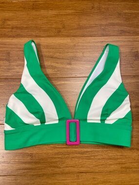 Boden Green & White Striped Bikini Top with Pink Resin Buckle